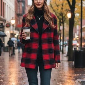 Brooks Brothers Red Fleece Buffalo Plaid Wool Pea Coat | Dark Academia Red Sz 8